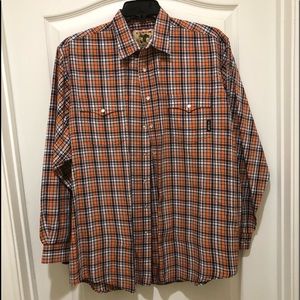 Cinch Button up long sleeve shirt orange blue L